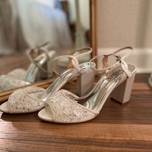 Block heel, white with silver interior and flowers, jewels, and beading